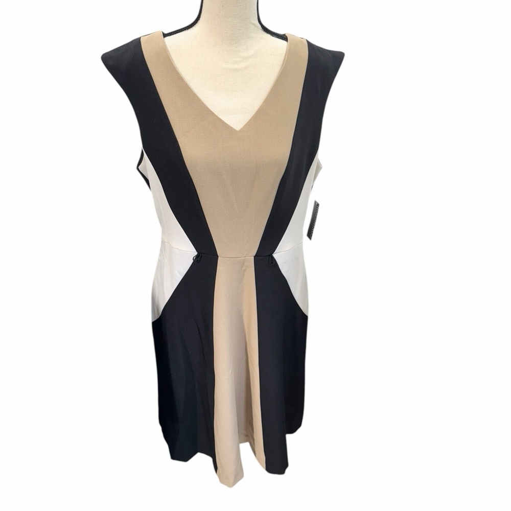 NWT Covington V-Neck Midi Sleeveless Sheath Dress Black Tan Size 14